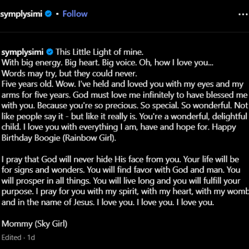 A screenshot of the message simi writes to her daughter on her birthday