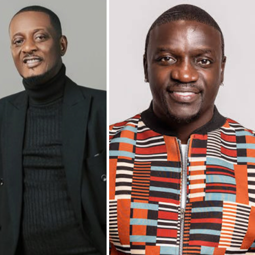 Picture collage of Cabasa and Akon. Cabasa is wearing a black suit with black turtle kneck. Akon is wearing traditional Senegalist patterned top.