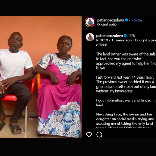 Picture of the individuals accusing Patience Ozokwor of siezing their land. A woman whom we suppose is the widow sitting on a plastic chair, with a relation of hers perhaps. Screenshot is gotten from Patience Ozokwor's instagram handle.