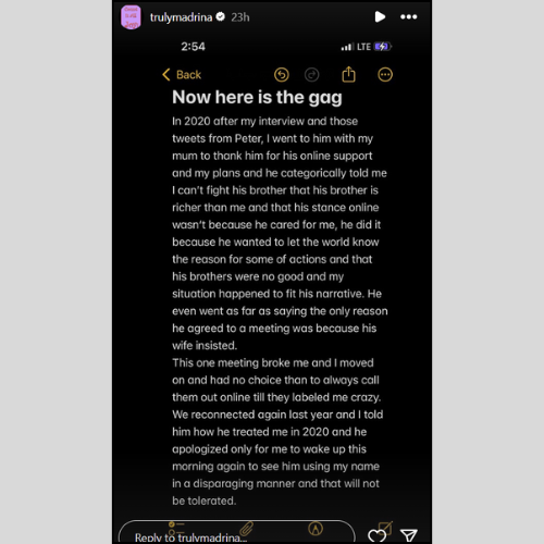 Peter Okoye's message to Cynthia Morgan on Instagram