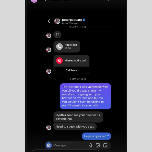 Peter Okoye's message to Cynthia Morgan on Instagram